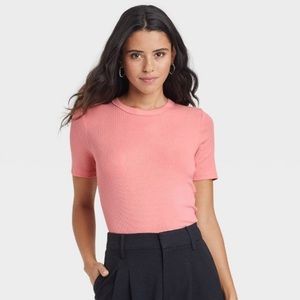 Women’s Short Sleeve Ribbed T-Shirt A New Day Pink Peach